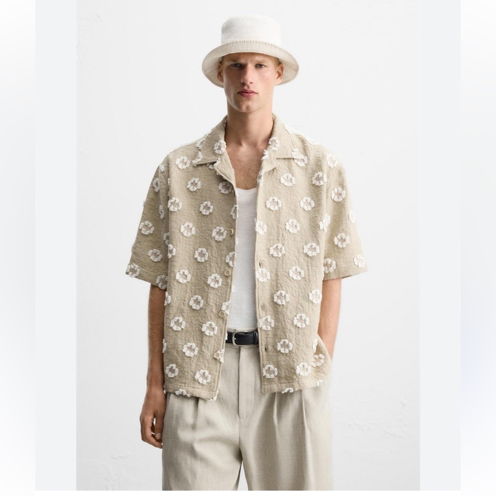 ZARA Beige Textured Jacquard Short Sleeve Shirt